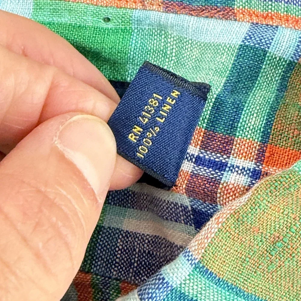 Polo Ralph Lauren 100% Linen Multi Madras Plaid Work Shirt Men Large Pony Preppy